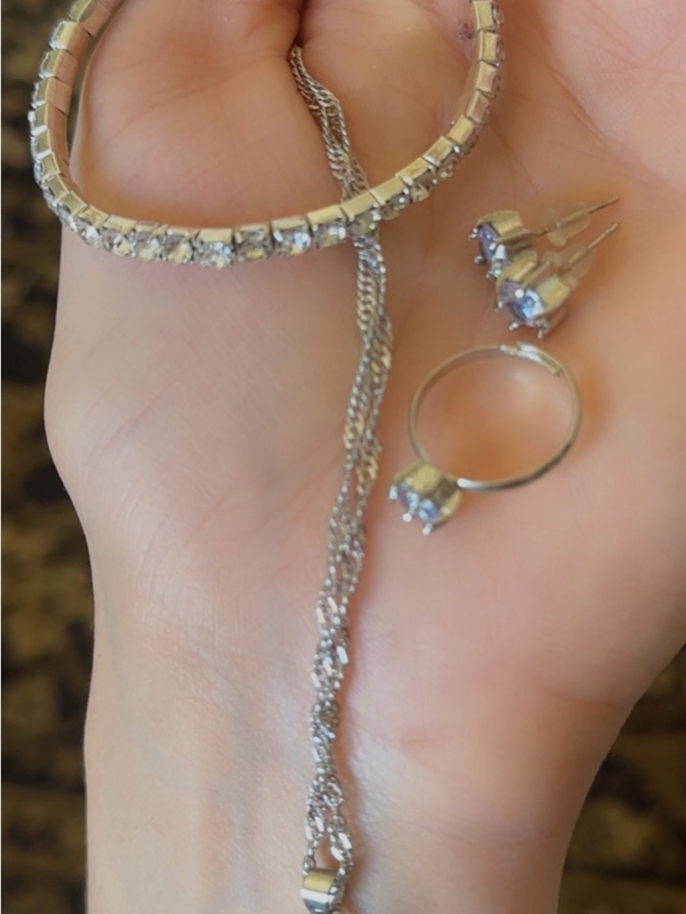 Silver Tone Rhinestone Jewelry Set - Necklace, Bracelet, Ring & Stud Earrings